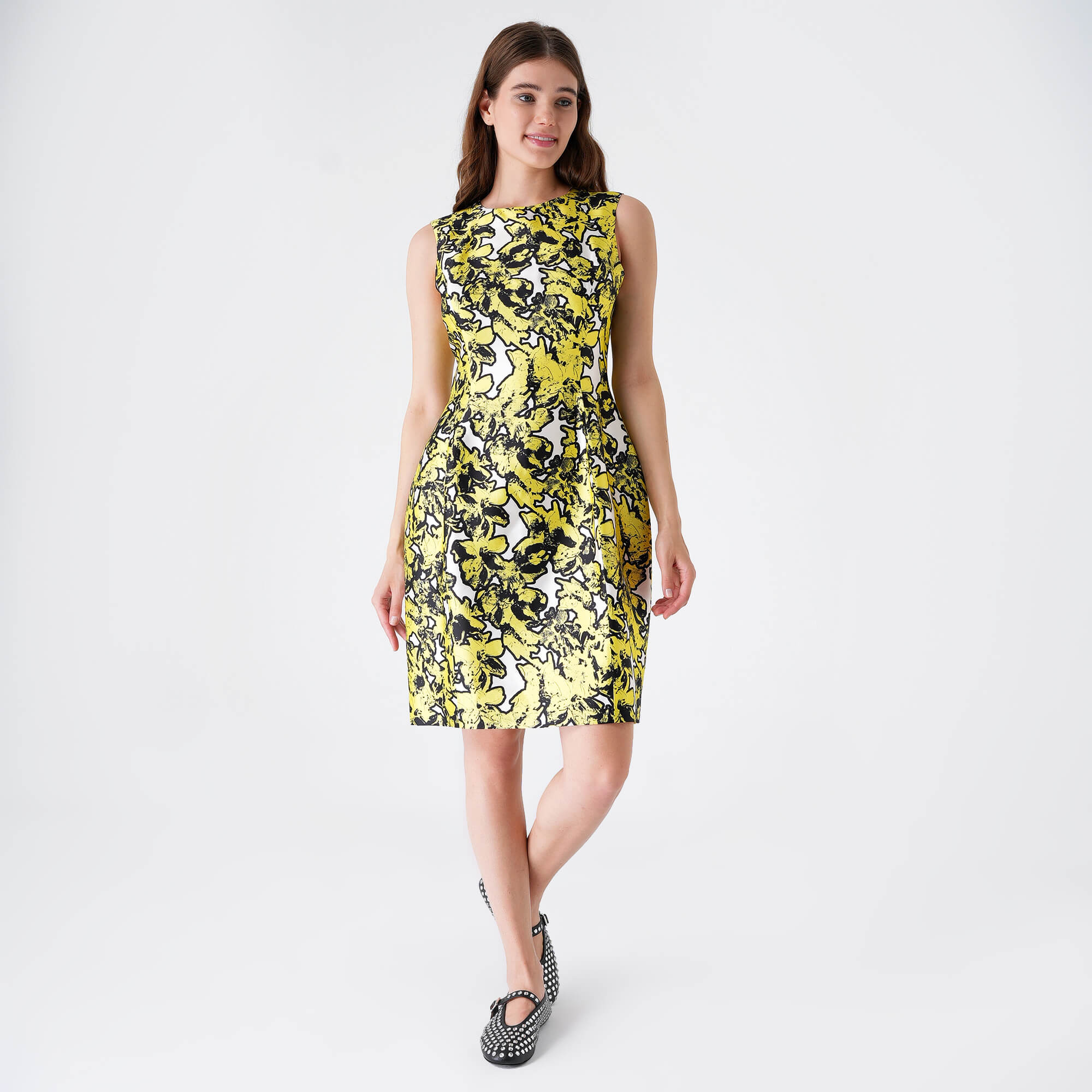 Oscar De La Renta - Neon Yellow&White Floral V Neck Dress